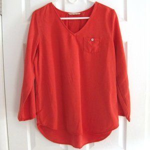 Soft Surroundings Orange Tencel Tunic Top Size S Roll Tab Sleeves V Neckline